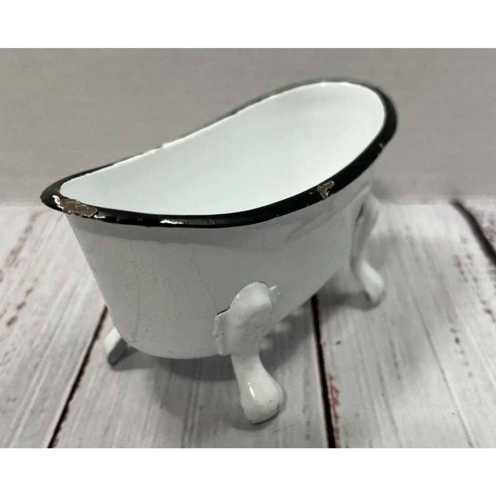 White Bathtub Enamelware Soap or Scrubby‎ Sponge Holder 5.5 Inches Farmhouse